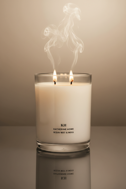 Ocean Mist & Moss candle burning with soft smoke by Katherine Home.