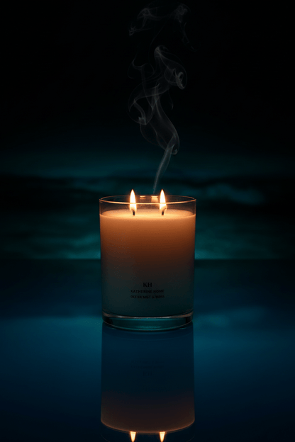 Ocean Mist & Moss candle creating a moody evening ambiance. 