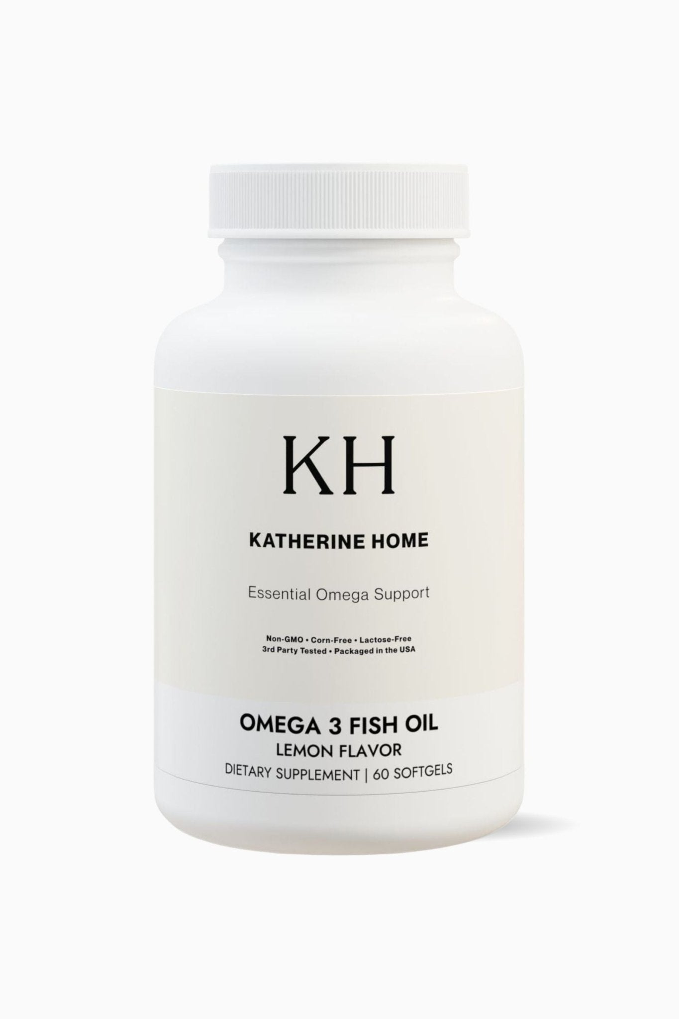 Omega 3 Fish Oil Supplement by KATHERINE HOME dietary supplement bottle front view