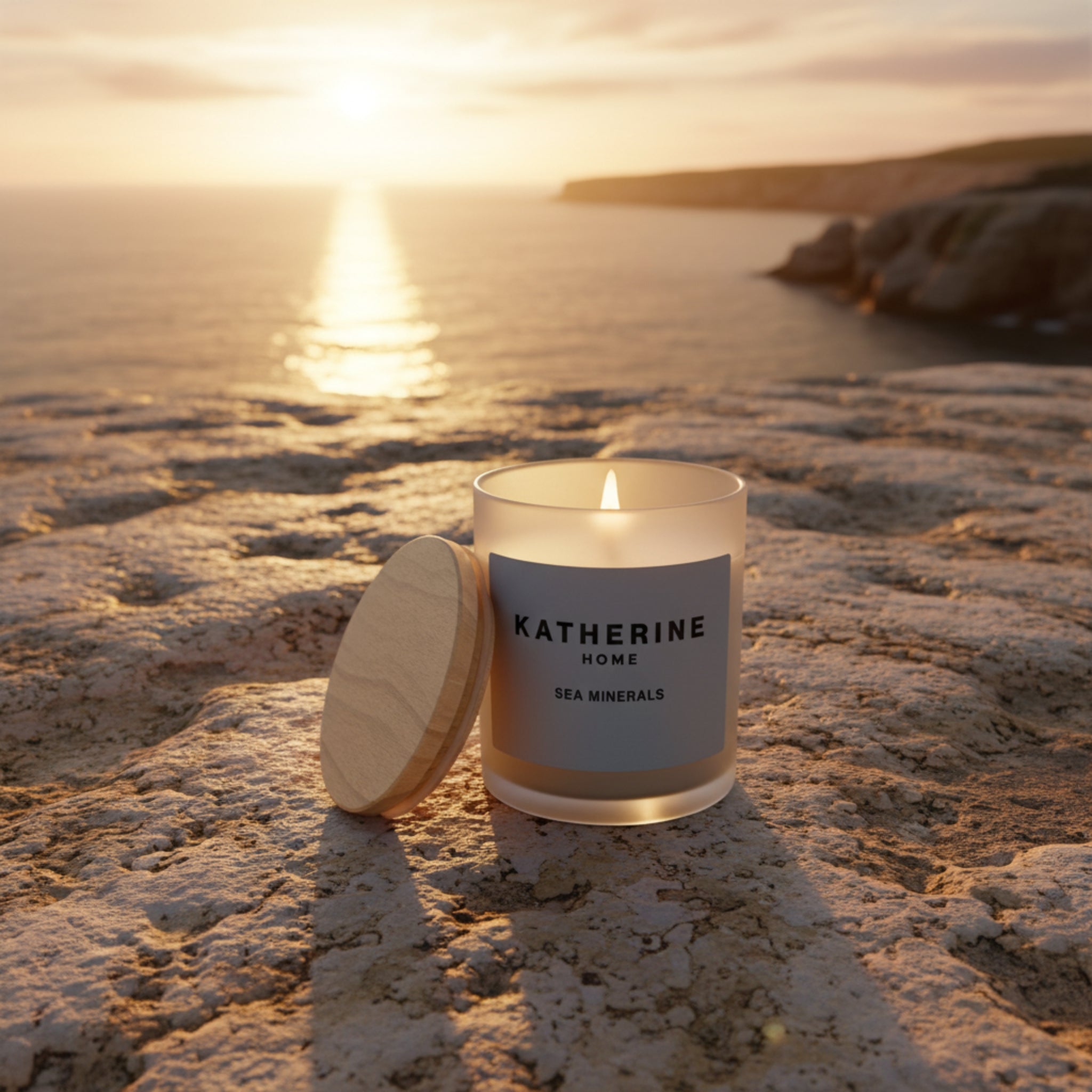 Candle with a label on a rocky surface during sunset