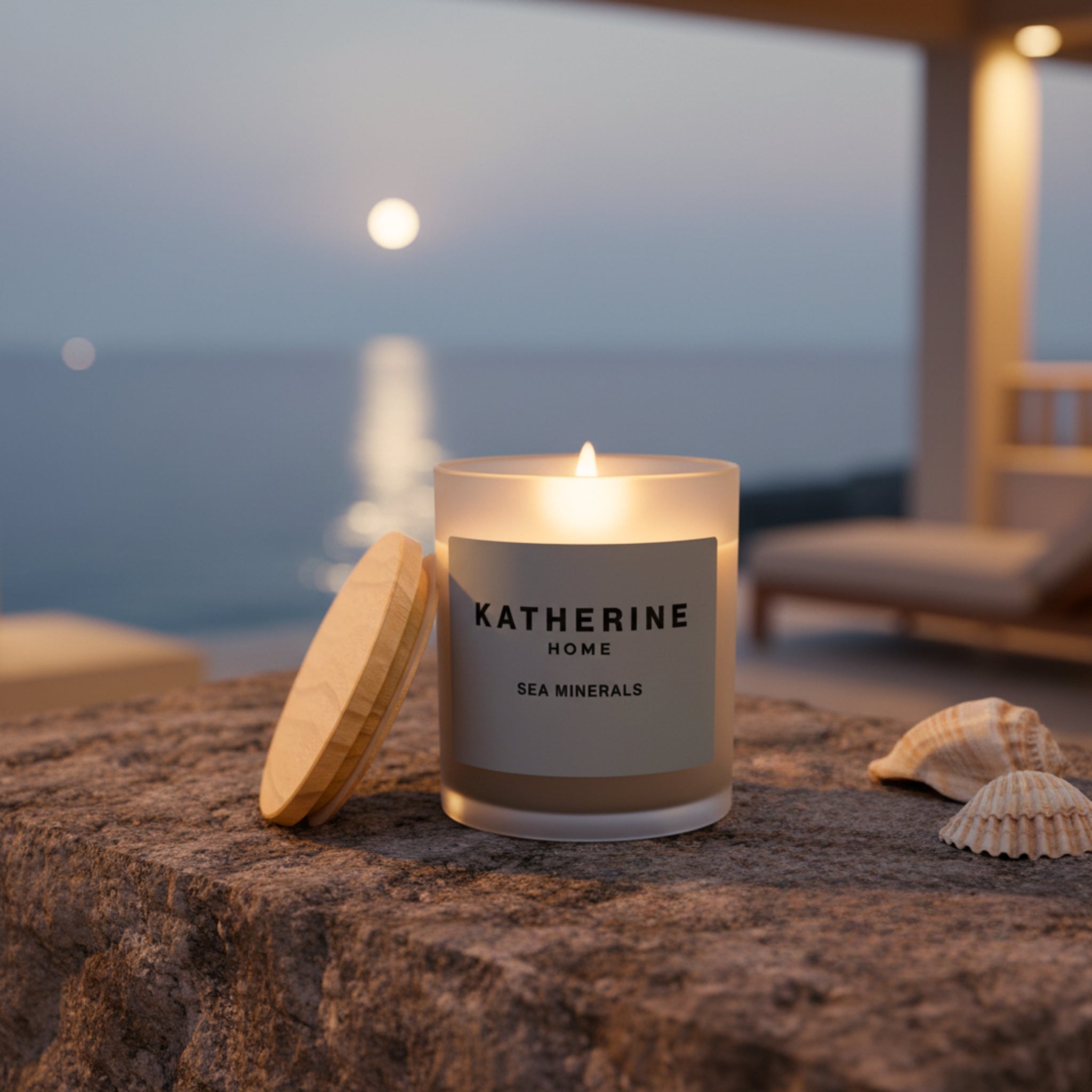Candle with 'Katherine Home' label on a stone surface by the sea at dusk