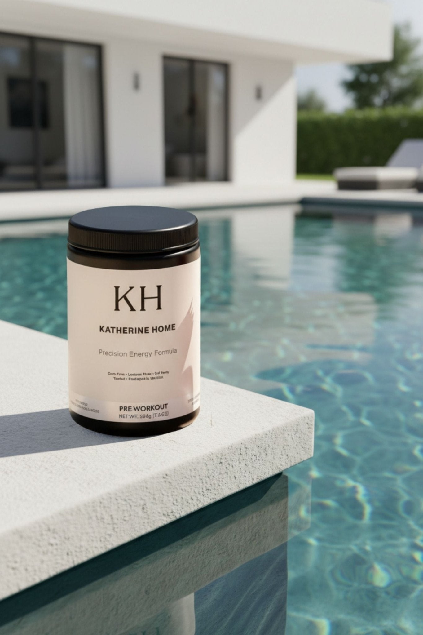 Pre Workout Supplement Fruit Punch - KATHERINE HOMEFood SupplementsKATHERINE HOMEKATHERINE HOMEKatherine Home Pre - Workout Supplement Fruit Punch placed on a pool ledge in a modern luxury outdoor lifestyle setting.