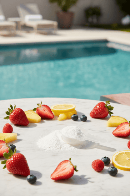 Pre Workout Supplement Fruit Punch - KATHERINE HOMEFood SupplementsKATHERINE HOMEKATHERINE HOMEKatherine Home Pre - Workout Supplement Fruit Punch powder with scoop surrounded by fresh strawberries, citrus, and berries on a marble surface beside a luxury pool.