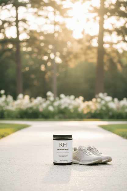 Pre Workout Supplement Watermelon - KATHERINE HOMEFood SupplementsKATHERINE HOMEKATHERINE HOMEKatherine Home pre - workout supplement placed on a garden path in a sunlit park setting, representing an active outdoor lifestyle.