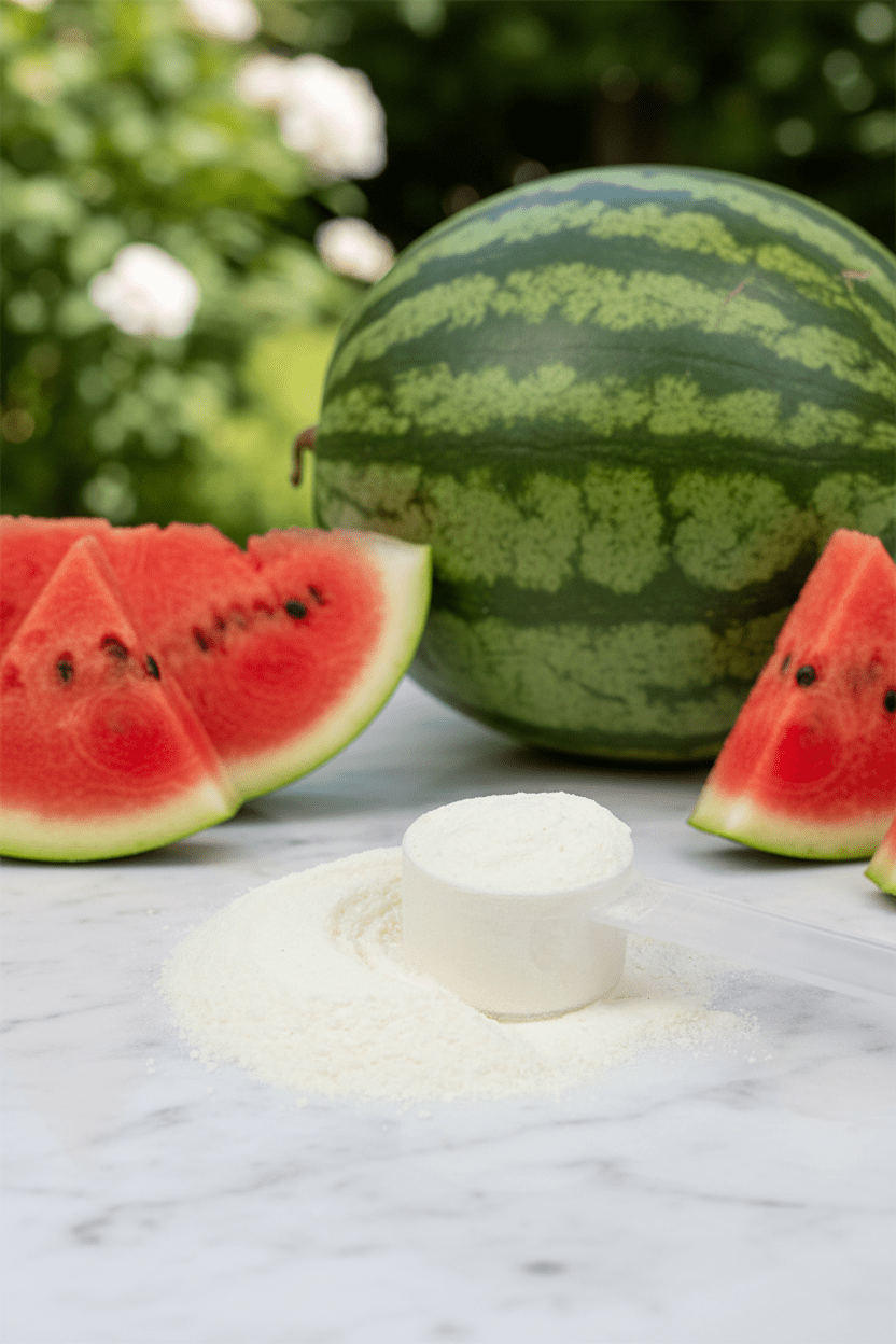 Pre Workout Supplement Watermelon - KATHERINE HOMEFood SupplementsKATHERINE HOMEKATHERINE HOMEPre - workout powder scoop surrounded by fresh watermelon slices on a marble surface, representing watermelon flavor inspiration.