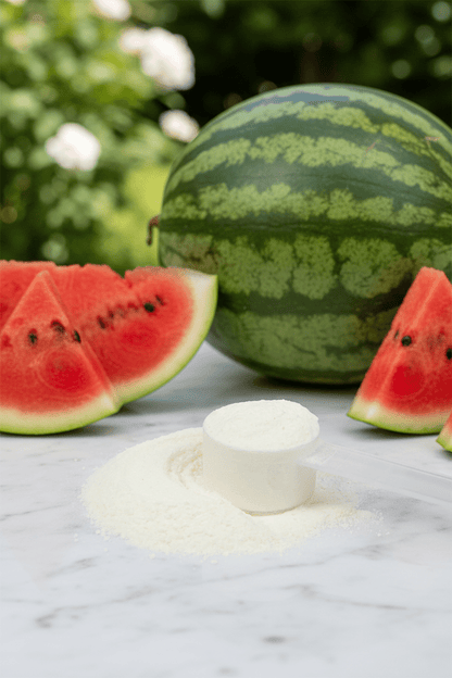 Pre Workout Supplement Watermelon - KATHERINE HOMEFood SupplementsKATHERINE HOMEKATHERINE HOMEPre - workout powder scoop surrounded by fresh watermelon slices on a marble surface, representing watermelon flavor inspiration.