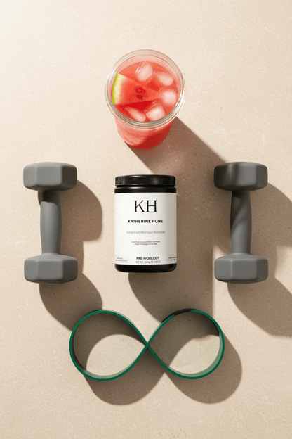 Pre Workout Supplement Watermelon - KATHERINE HOMEFood SupplementsKATHERINE HOMEKATHERINE HOMEKatherine Home pre - workout supplement arranged with dumbbells, resistance band, and watermelon drink in a clean flat lay fitness scene.