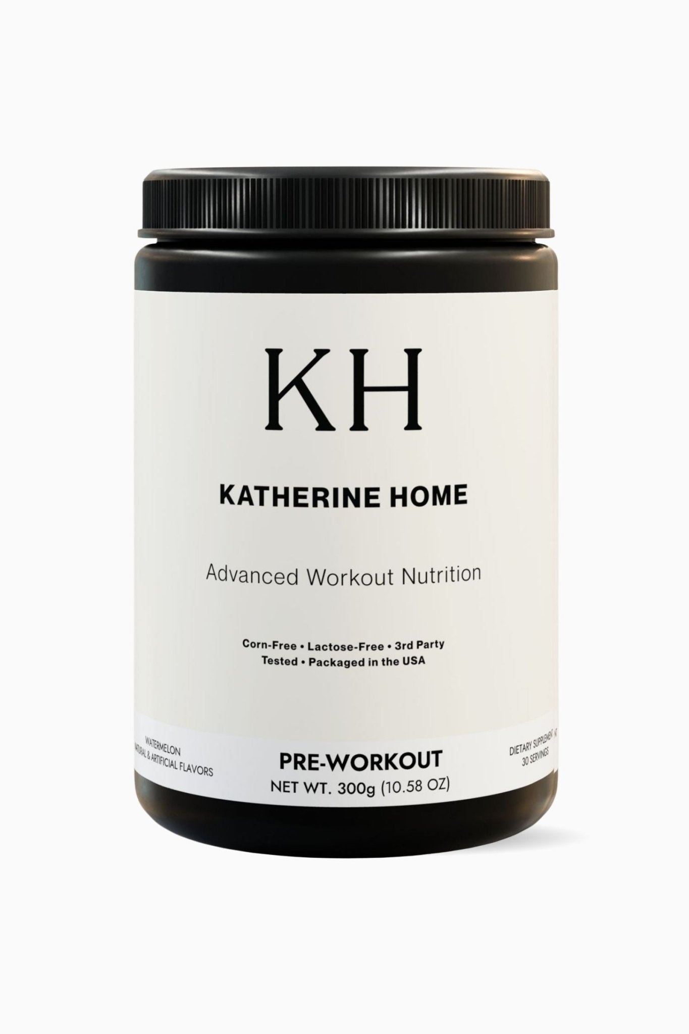 Pre Workout Supplement Watermelon - KATHERINE HOMEFood SupplementsKATHERINE HOMEKATHERINE HOMEKatherine Home Pre - Workout supplement in watermelon flavor, supplement container, clean minimalist product hero image.