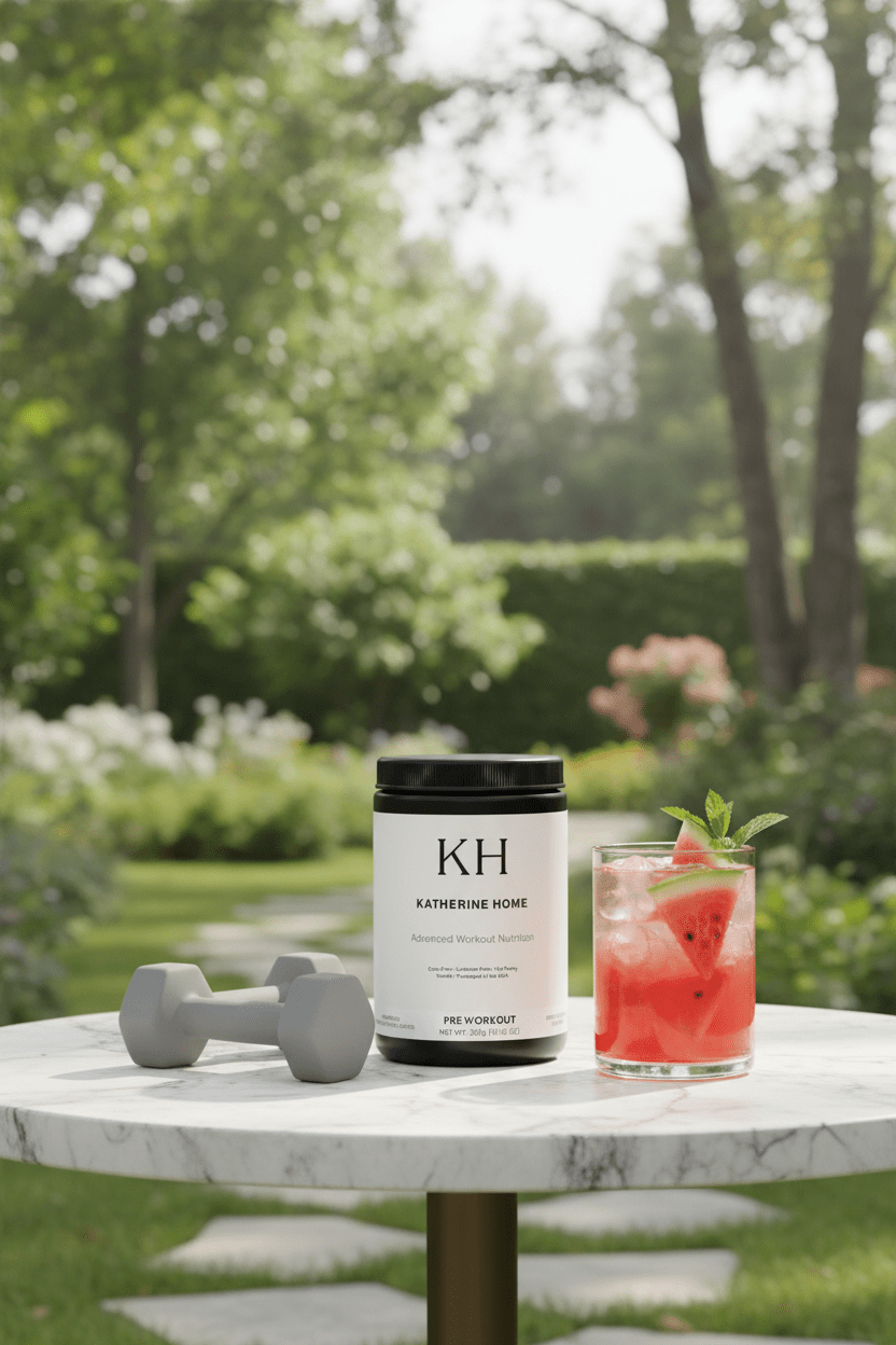 Pre Workout Supplement Watermelon - KATHERINE HOMEFood SupplementsKATHERINE HOMEKATHERINE HOMEKatherine Home pre - workout supplement on a garden table with watermelon drink and dumbbells, highlighting fitness and refreshment.
