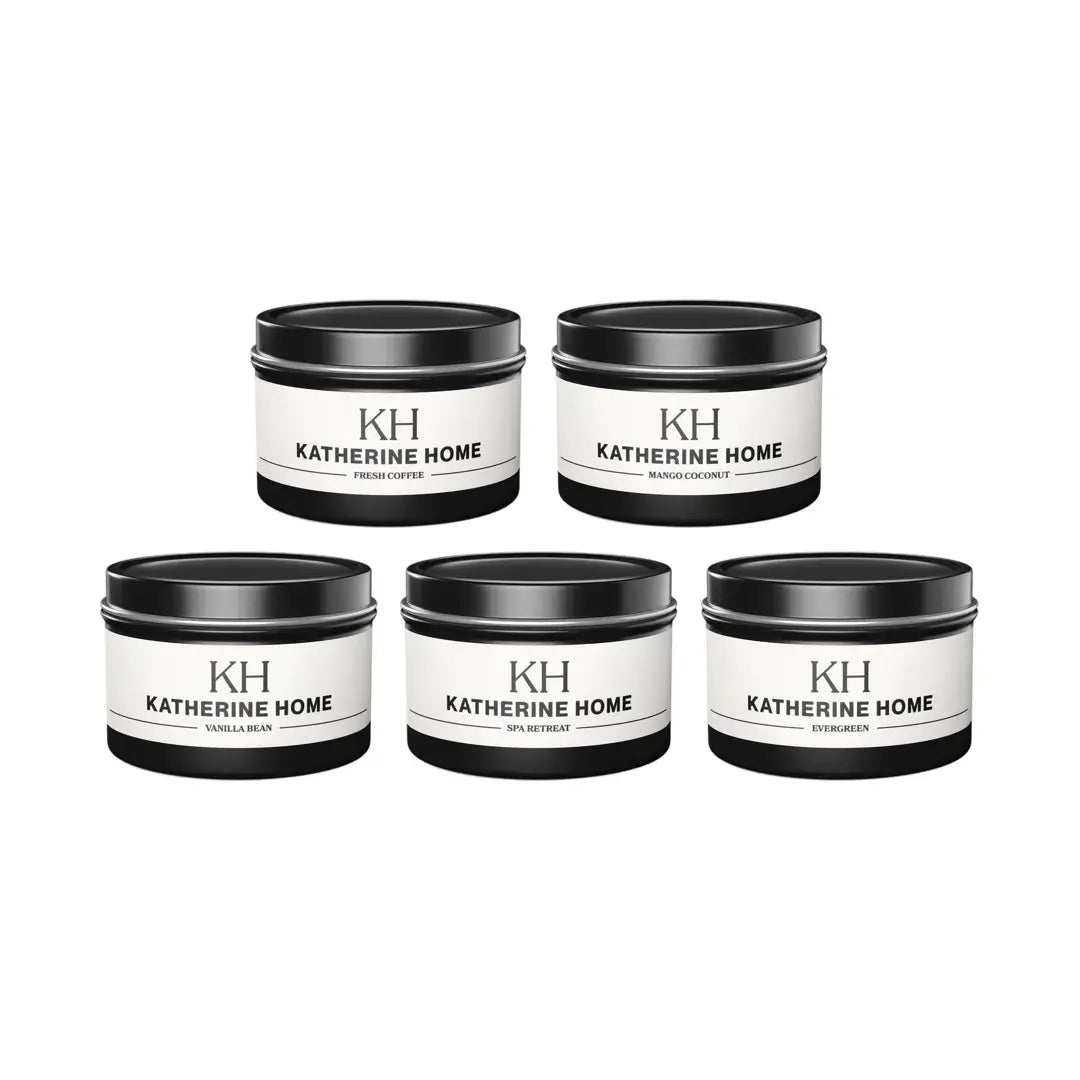 Travel candle set with five scents including Fresh Coffee and Mango Coconut in 4oz tins by Katherine Home.