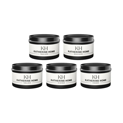 Travel candle set with five scents including Fresh Coffee and Mango Coconut in 4oz tins by Katherine Home.
