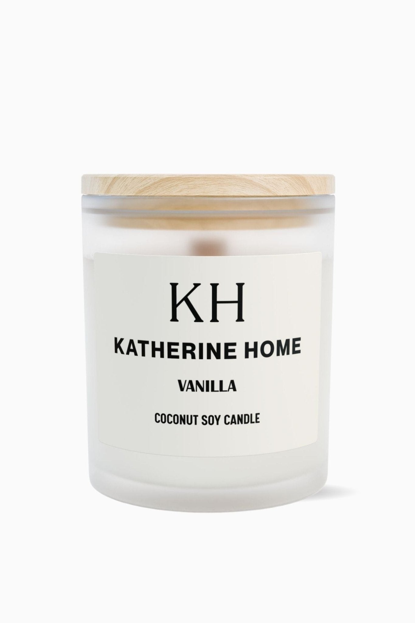 Vanilla Scented Candle - KATHERINE HOMEHome DecorKATHERINE HOMEKATHERINE HOMEKatherine Home Vanilla coconut soy candle in a frosted glass jar with wooden lid, minimalist product hero image.33541657494158075056
