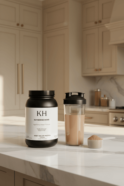 Whey Isolate Protein Supplement - KATHERINE HOMEFood SupplementsKATHERINE HOMEKATHERINE HOMEWhey isolate protein by Katherine Home displayed on a marble countertop in a luxury beige kitchen, alongside a prepared chocolate protein drink and scoop, styled in warm natural daylight.