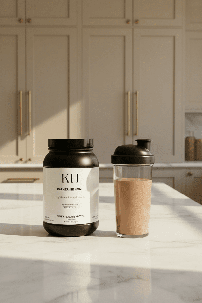 Whey Isolate Protein Supplement (Chocolate) by KATHERINE HOME with shake and shaker bottle on a countertop