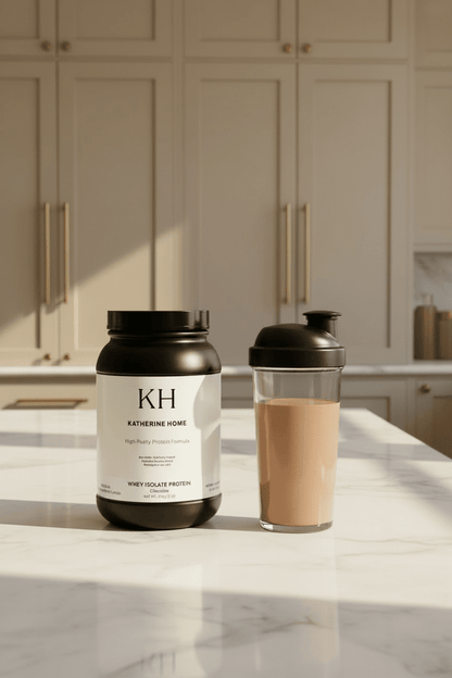 Whey Isolate Protein Supplement (Chocolate) by KATHERINE HOME with shake and shaker bottle on a countertop