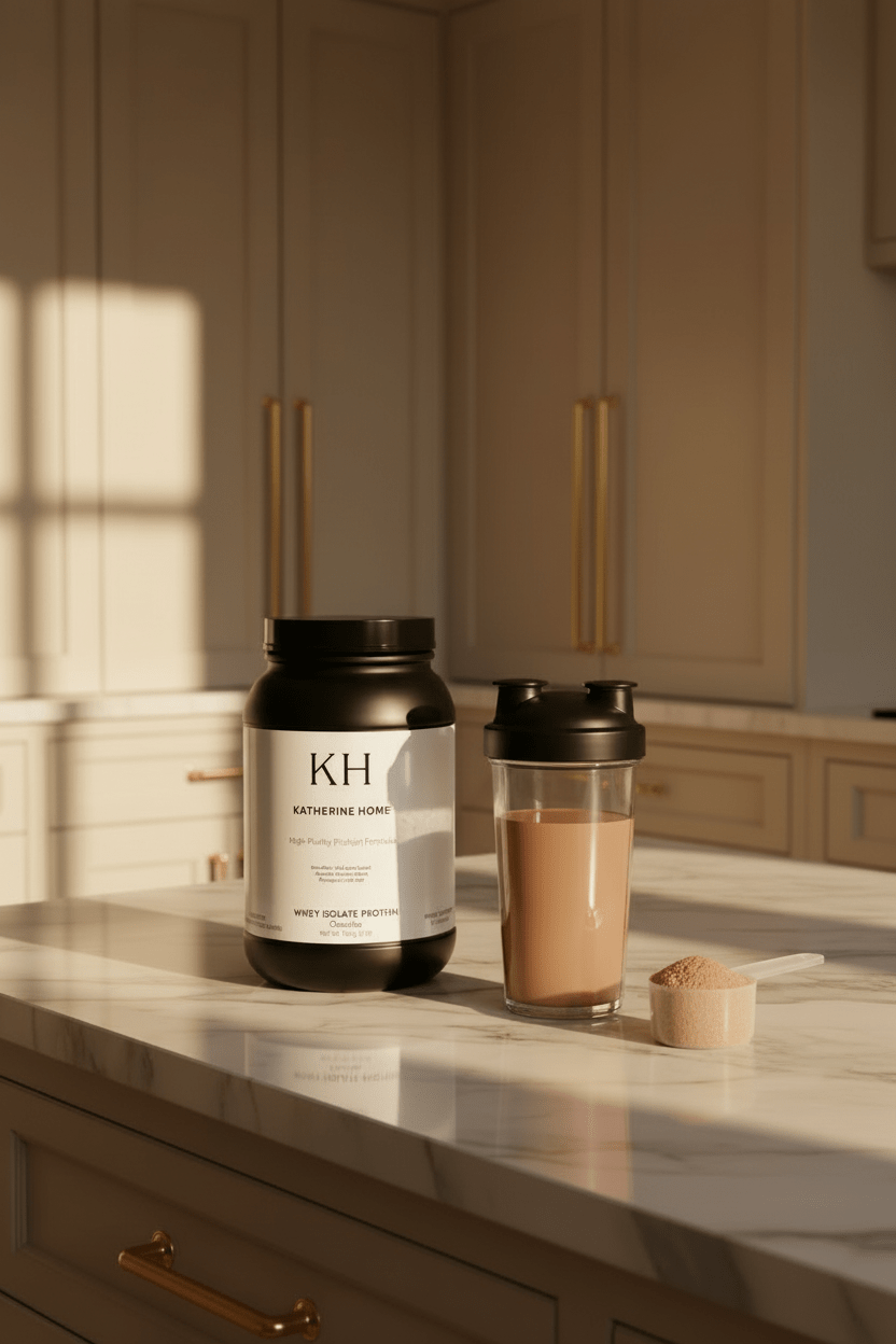 Whey Isolate Protein Supplement - KATHERINE HOMEFood SupplementsKATHERINE HOMEKATHERINE HOMEChocolate whey isolate protein by Katherine Home styled in an elegant kitchen ritual scene with soft shadows, featuring the jar, shaker drink, and scoop on a marble countertop.
