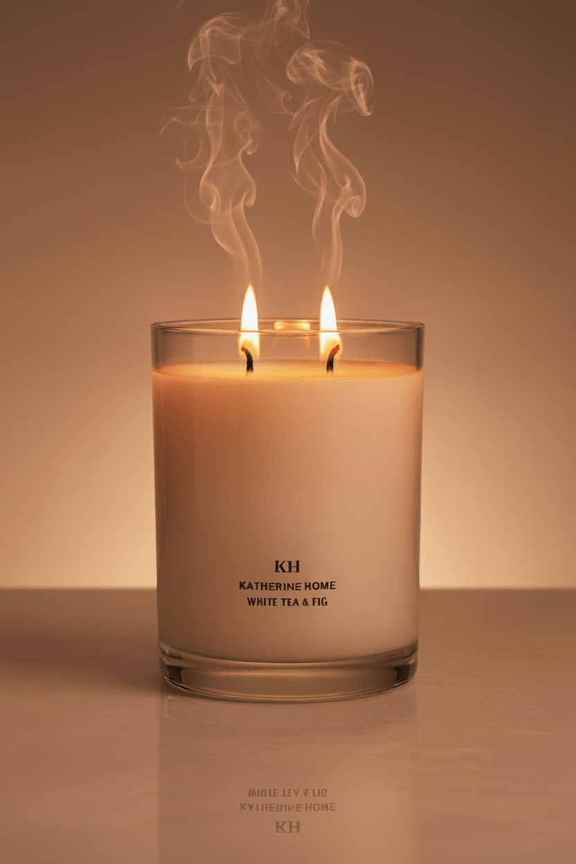 White Tea & Fig candle burning with soft smoke by Katherine Home.