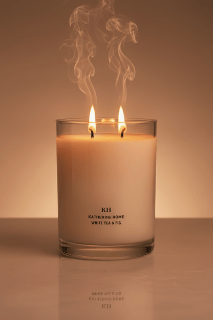 White Tea & Fig candle burning with soft smoke by Katherine Home.