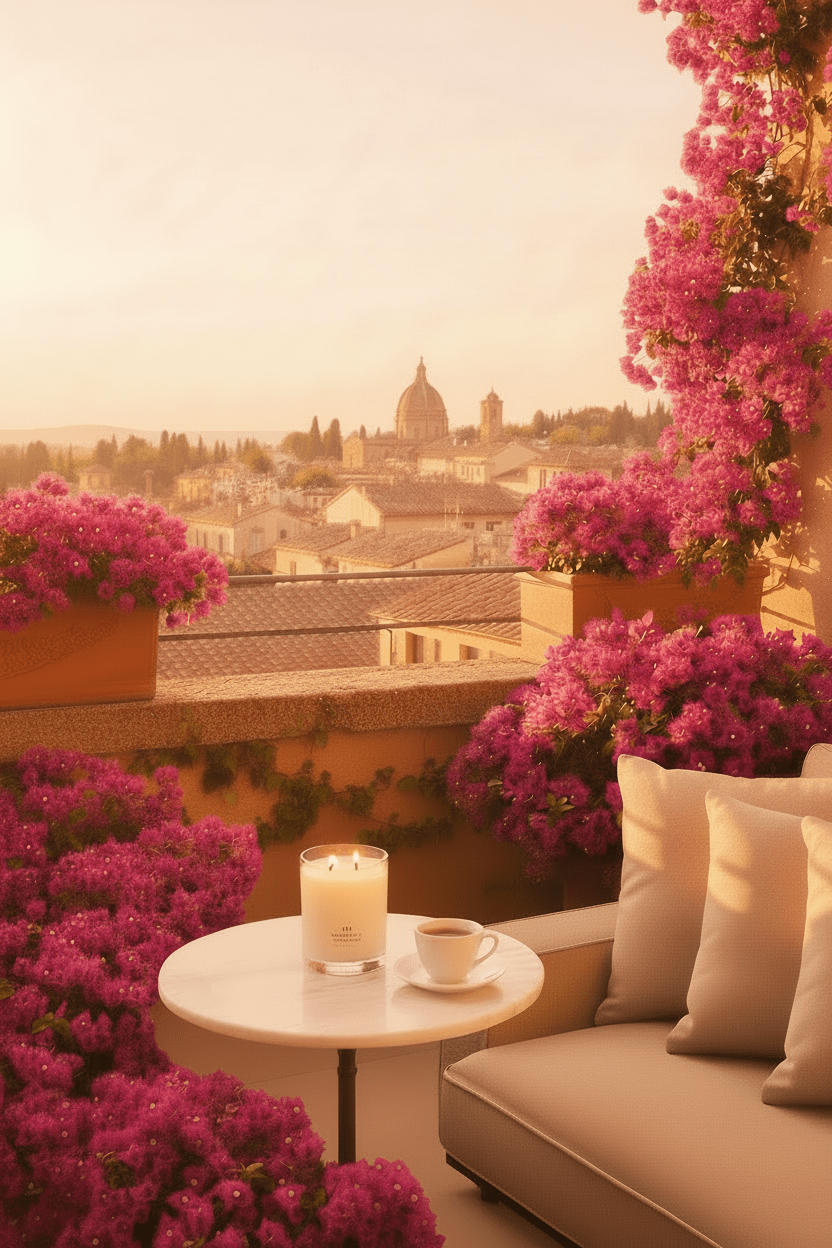 White Tea & Fig candle styled on a terrace with floral surroundings.