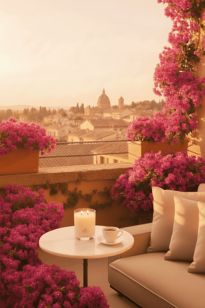 White Tea & Fig candle styled on a terrace with floral surroundings.